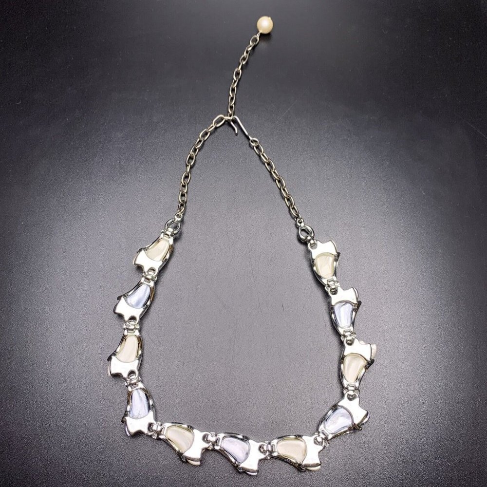 Blue Cream Silver Tone Link Choker Collar Necklace Earrings Demi Parure - Picture 7 of 11